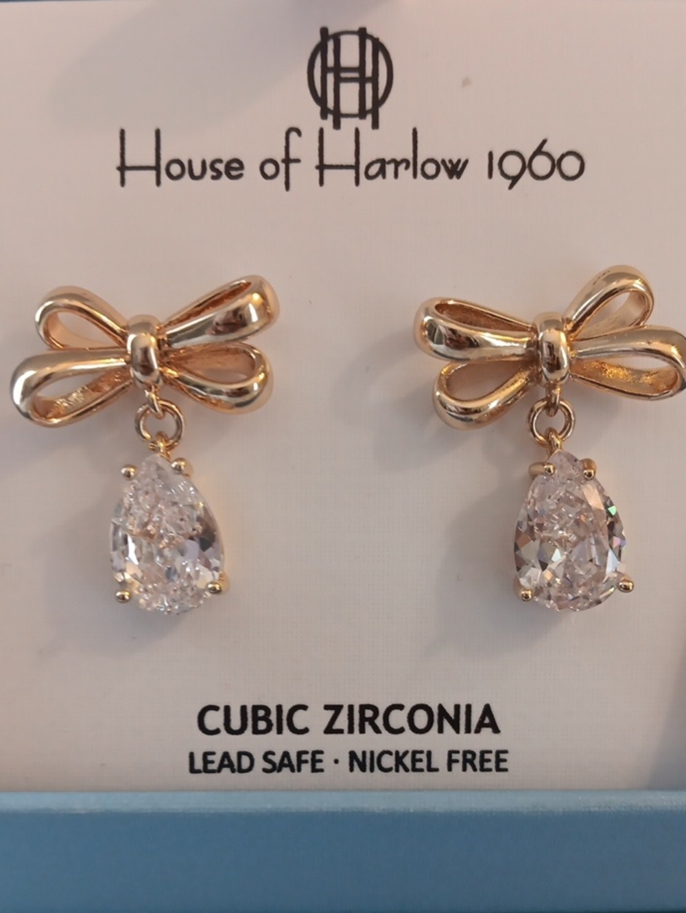 House of Harlow 1960 Gold Bow Earrings with Clear Teardrop Cubic Zirconia NIB